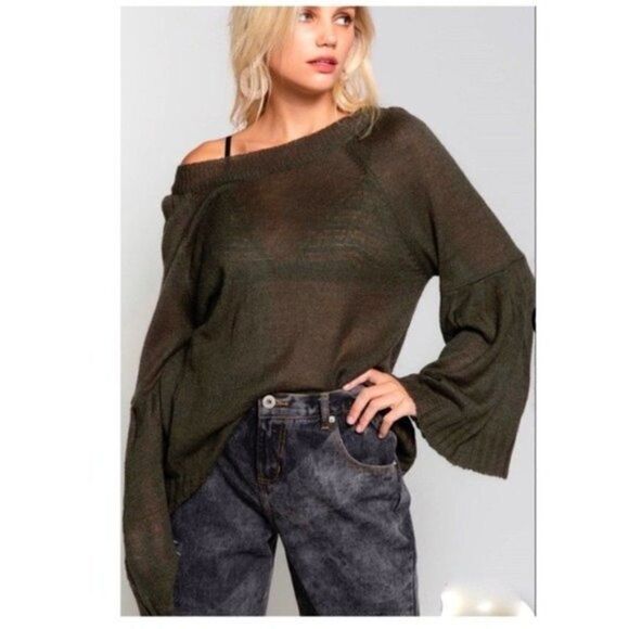 𝅺LIGHTWEIGHT Sweater Off Shoulder with Bell Sleeves In Olive - Picture 1 of 10